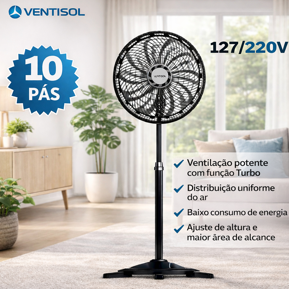 Ventilador de Coluna 40cm Ventisol 150W 127V/220VModo Oscilante e Turbo Com 10 Pás