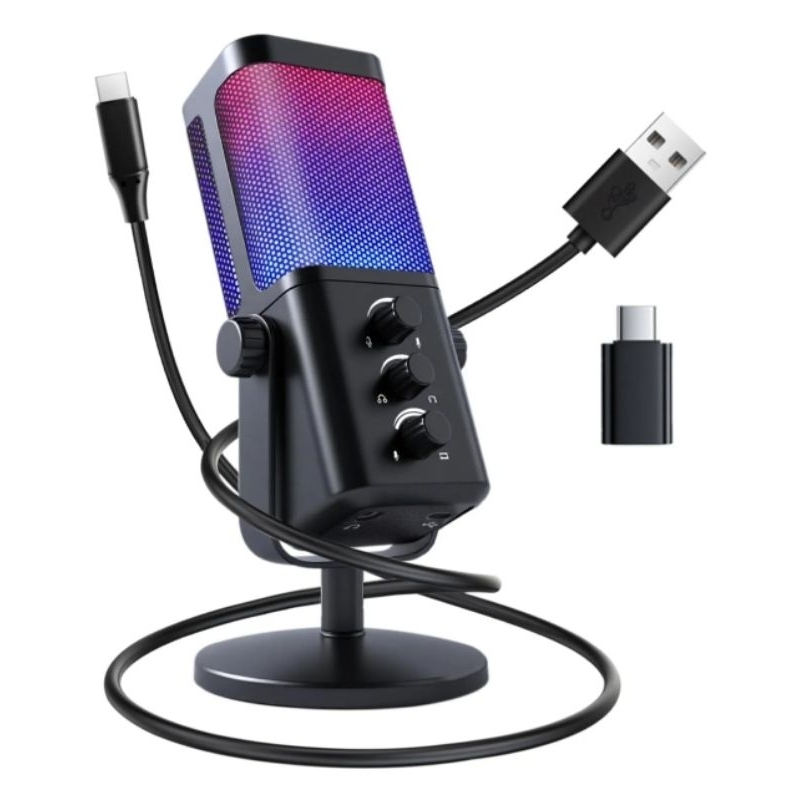 Microfone Condensador Profissional RGB Com ENC Redução De Ruído USB / Tipo-c