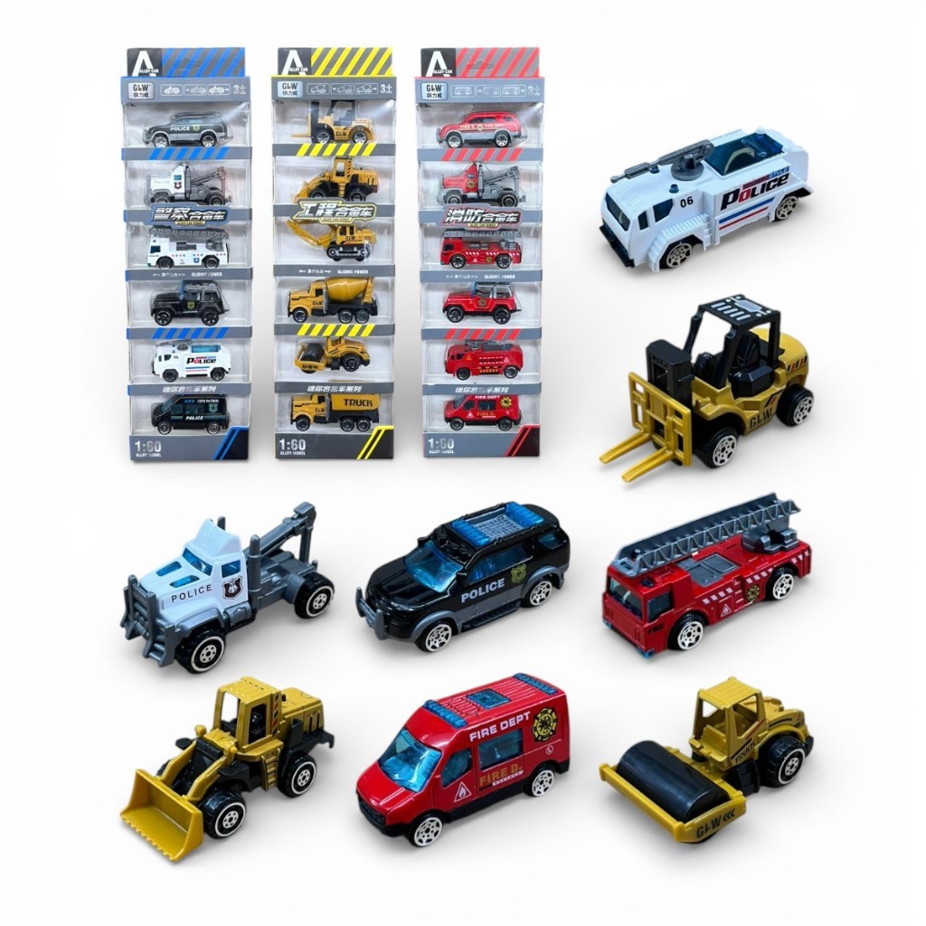 Kit com 6 Carrinhos de Ferro Miniatura Polícia Construção Bombeiro Brinquedo