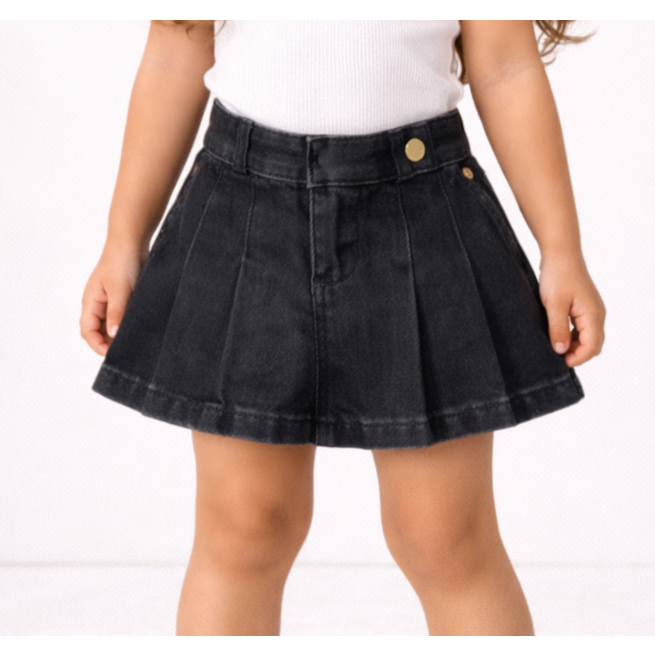 Short Saia Jeans Com Botão Casual Para Menina Moda Infantil Prático Atemporal Eventos Passeio Parque Shopping Plissado