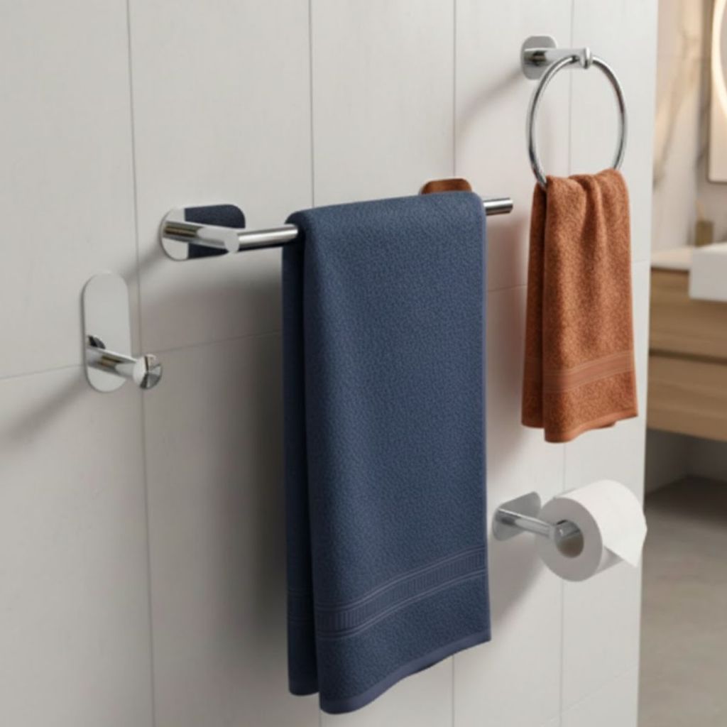 Kit Acessórios Banheiro Gancho Papeleira Cabide Toalheiro Sem Furo Adesivo 4 Peças Aço Inox Cromado