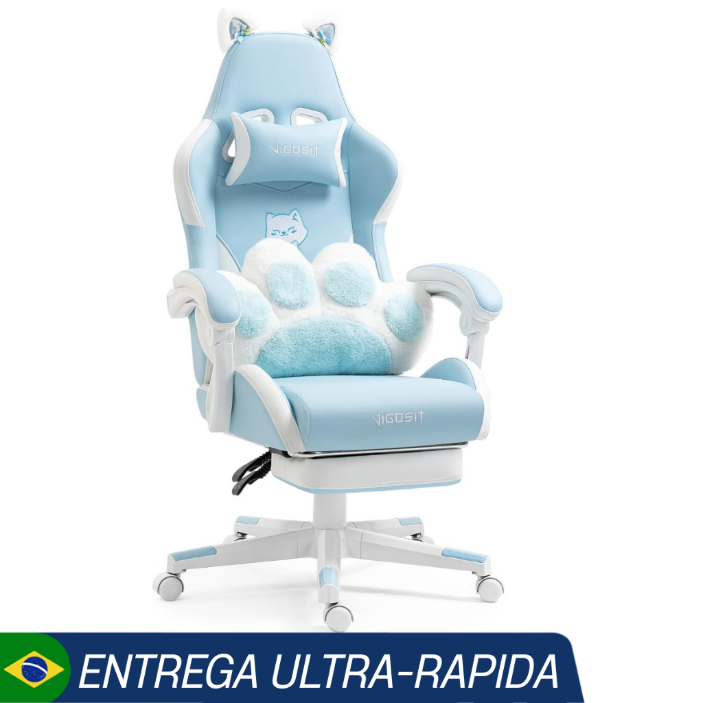 Cadeira Gamer Com Almofada Lombar Formato Pata De Gato e Orelhas De Gato Ergonômica AZUL