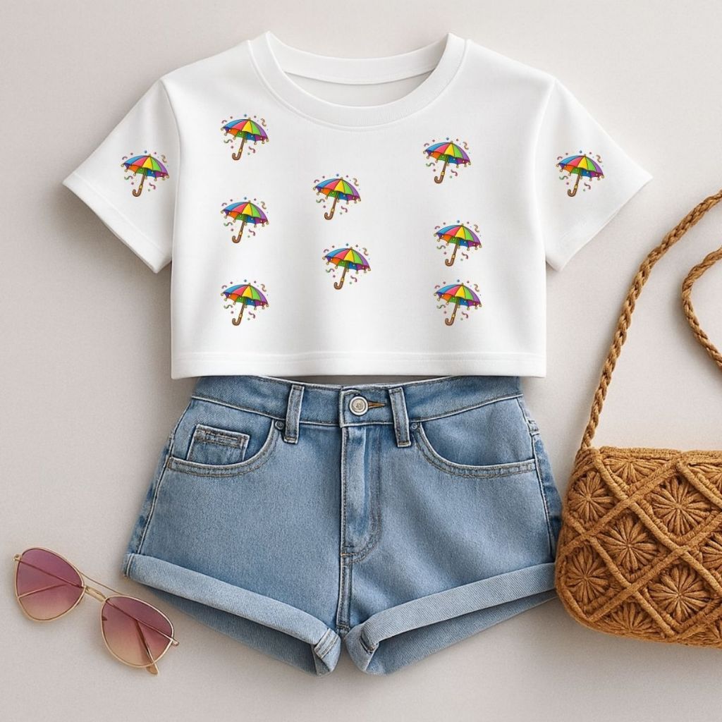 Cropped Juvenil Carnaval Estampa Sombrinha Frevo Coloridos Blusinha Fashion Alegre e Confortável