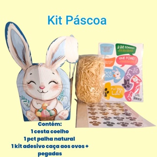 Cesta de páscoa decorada + palha e adesivo caça aos ovos em Oferta na Shopee