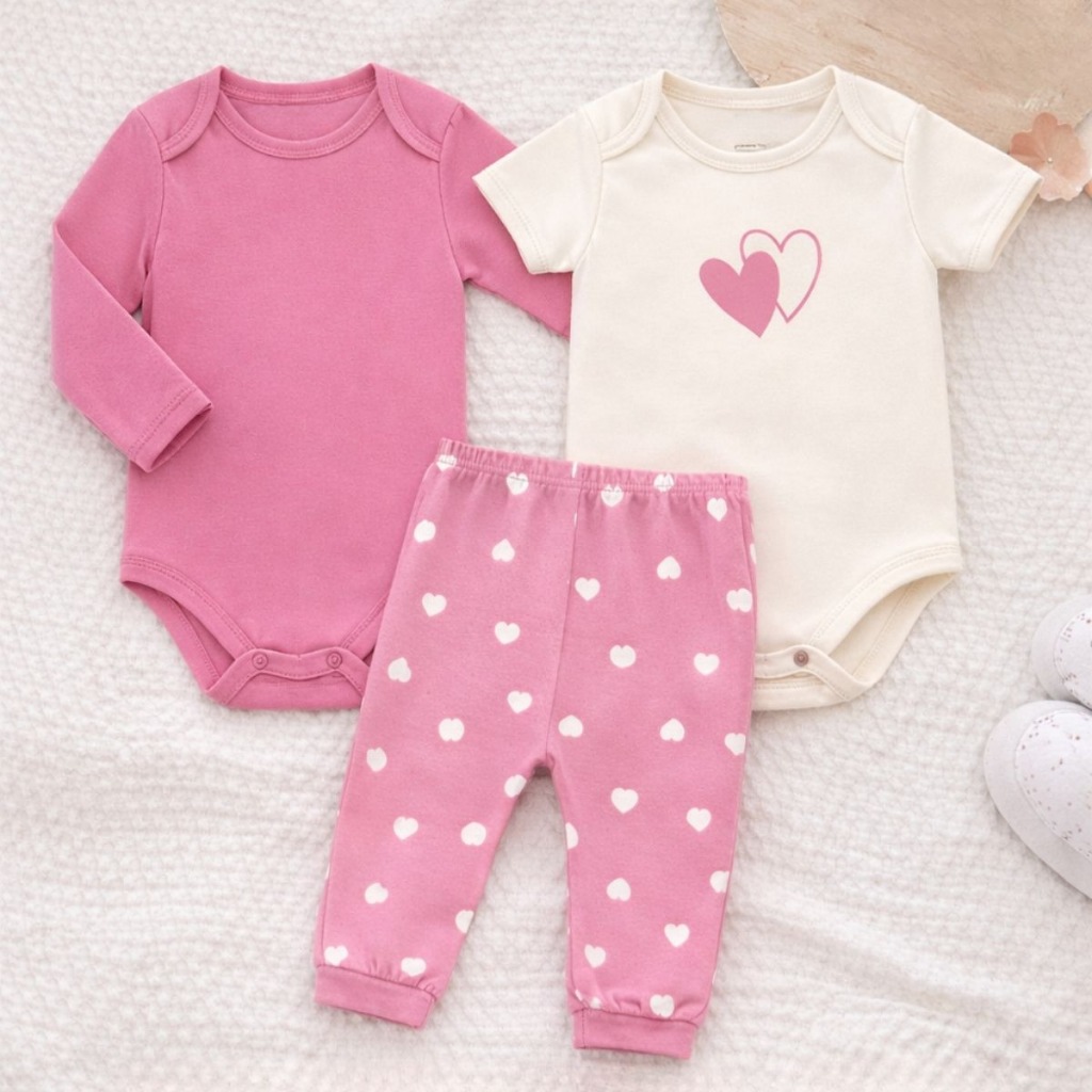 Conjunto Bebê Menina 3 Peças Roupa De Bebê Feminina Enxoval Algodão Kit Body Premium Conforto Total