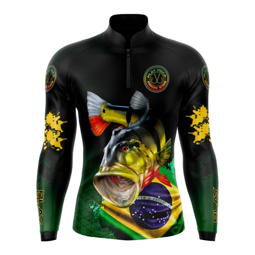 CAMISA CAMISETA DE PESCA TUCUNARÉ BRASIL 01 COM PROTEÇÃO SOLAR UV50+ em Oferta na Shopee