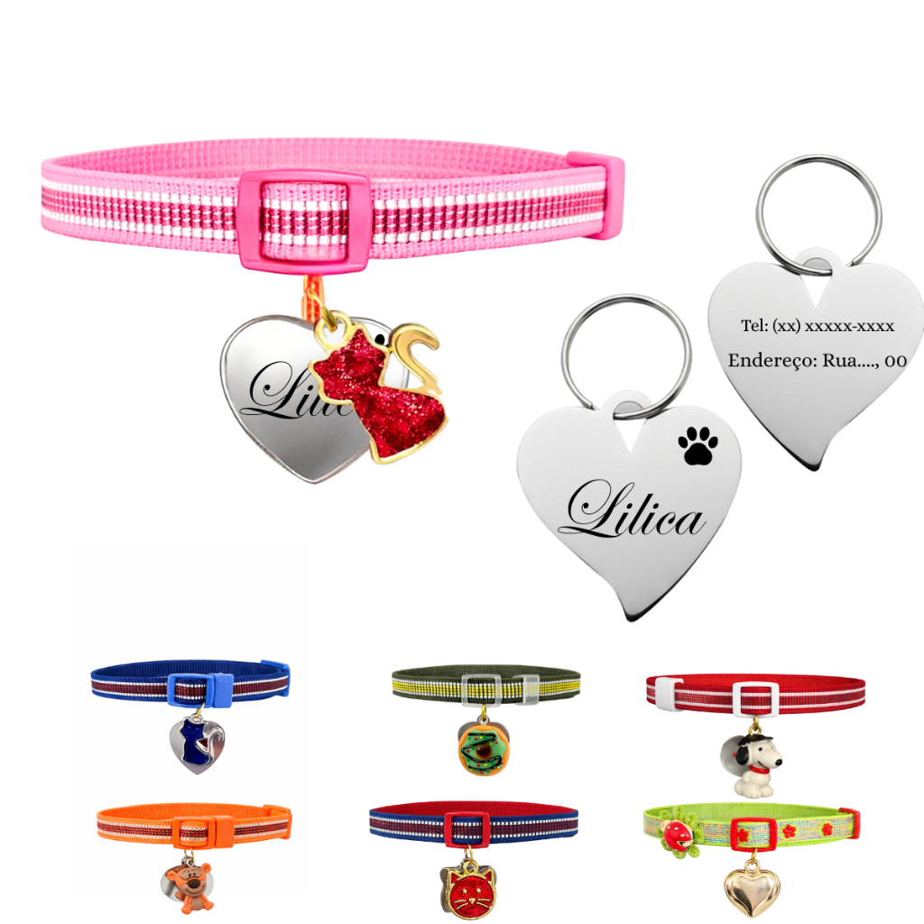 Coleira Para Gato e Cachorro Com Pingente Personalizada (Nome Telefone) Anti Enforcamento Elástico em Oferta na Shopee
