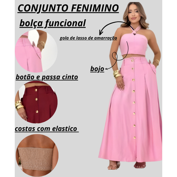 Conjunto Feminino elegante ~sensorial Saia longa formato em A fechado de botões dourado .top com Bojo Elastes nas Costas em Oferta na Shopee