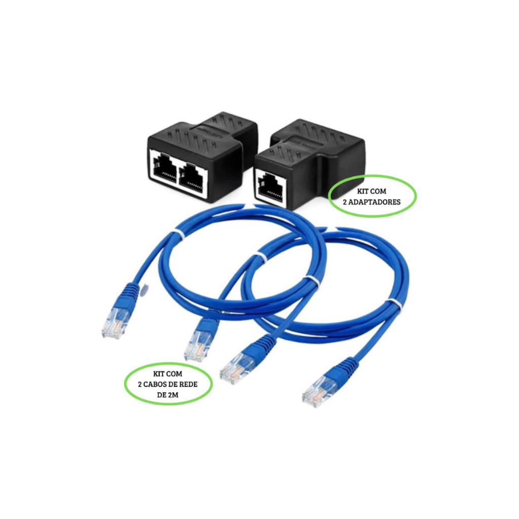 Adaptador 2x1 Sinal Duplo Duplicador Fêmea Rj45 LAN Internet + 2x Cabos de Rede 1 Metro Kit Montado