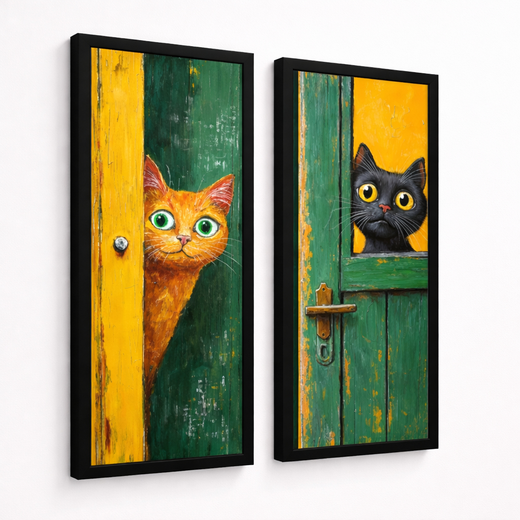 Kit 2 Quadros Decorativos Gatos Espiando pela Porta  Decoração Criativa Gatos Espiões