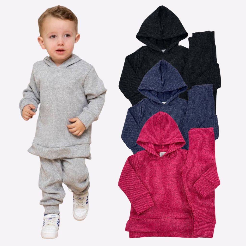 Conjunto Lã Canelada Peluciada Interna Com Capuz Quentinho Inverno Infantil