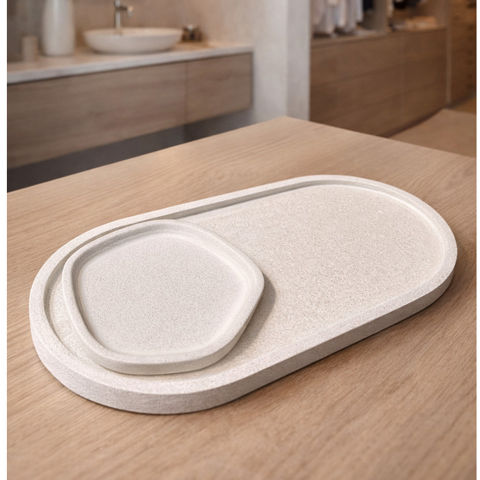 Kit Bandeja Oval Media + Bandeja ORGÂNICA Mini- Feita à Mão Cimento Marmorizado Organizador