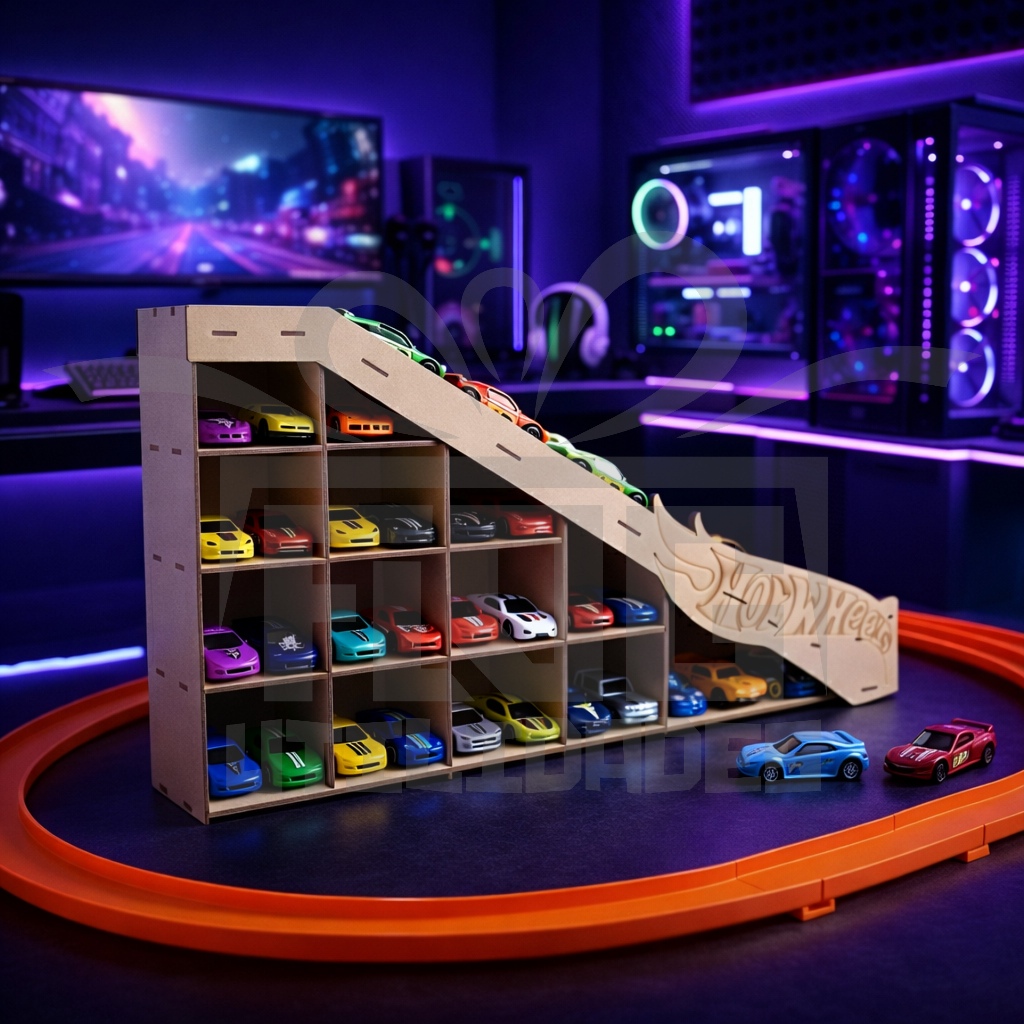 Nicho Organizador COM Rampa - Porta Carrinhos em MDF HOTWHEELS Para Decoração e Diversão / Brinquedo Para Quarto