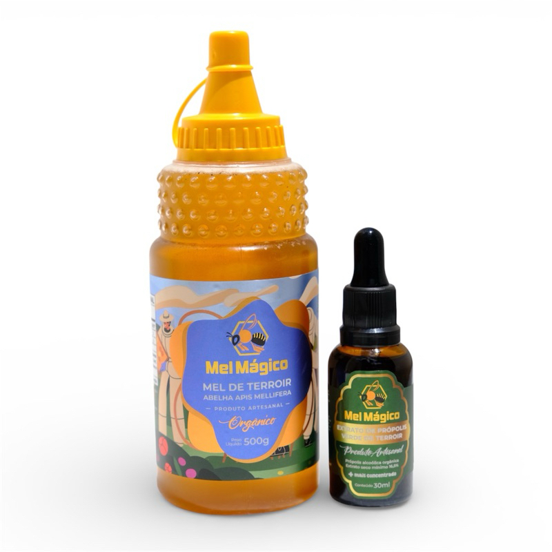 Kit 1x Mel Puro De Abelha Orgânico Bisnaga 500g + 1x Extrato De Propólis Verde 16,5% 30ml - Mel Mágico