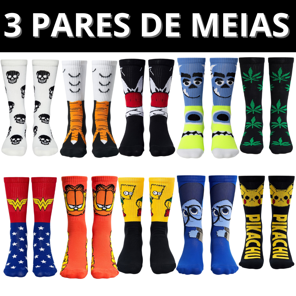 Kit 3 Pares de Meias Divertidas Cano Longo Personagens Meninas Super Poderosas Academia Corrida Bike