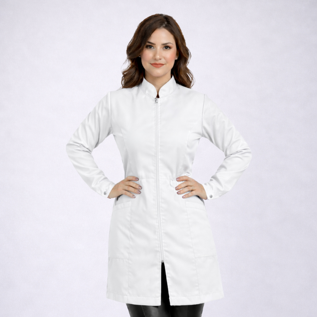 Jaleco Feminino Acinturado Manga Longa Oxford Profissional Saúde Com Zíper 100% Poliéster
