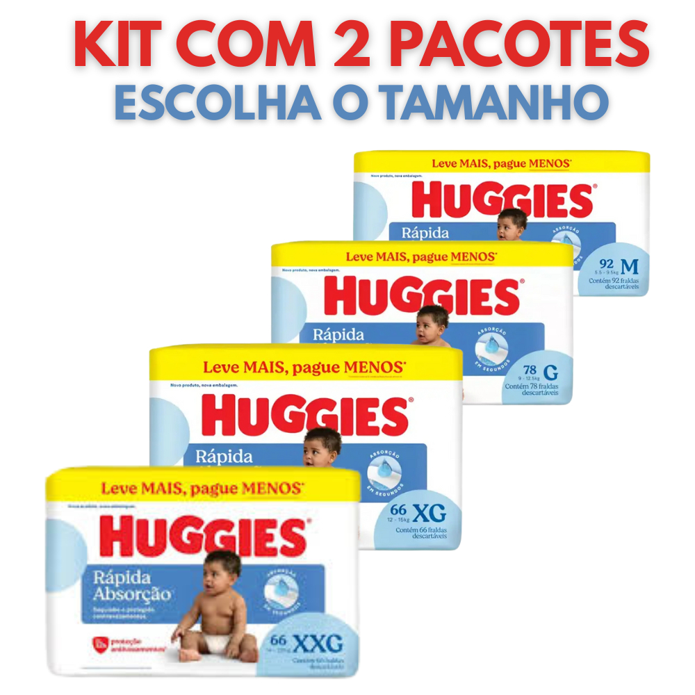 KIT COM 2 PACOTES FRALDA HUGGIES TRIPLA PROTEÇÃO BAG HIPER - TAMANHOS M/G/XG/XXG