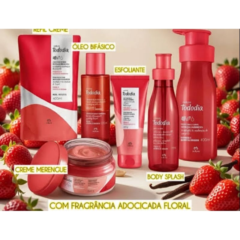 Linha kit creme hidratante body splash Natura tododia morango e baunilha dourada em Oferta na Shopee