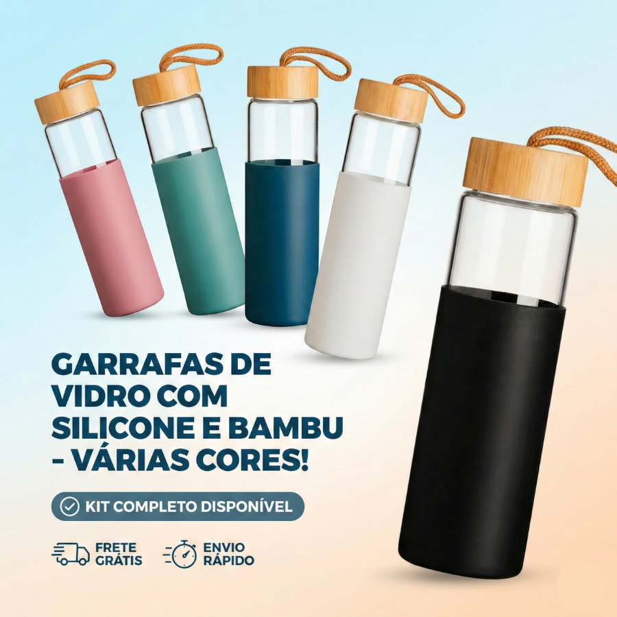 Kit 1/2 ou 5 Garrafas De Vidro 550 ML Com Protetor de Silicone Tampa De Bamboo