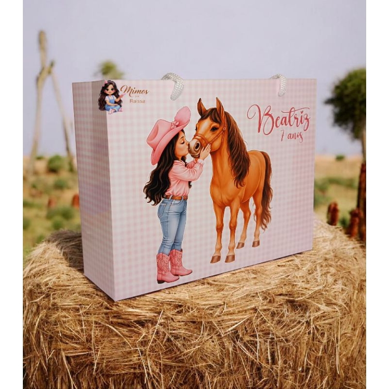 sacola personalizada cowgirl boiadeira festa aniversário lembrancinha infantil xadrez cavalo chapéu fazenda