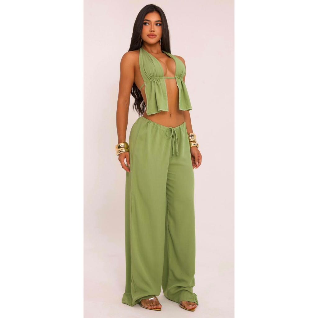 Conjunto Feminino Calça E Cropped Linho Pantalona Wide Leg em Oferta na Shopee