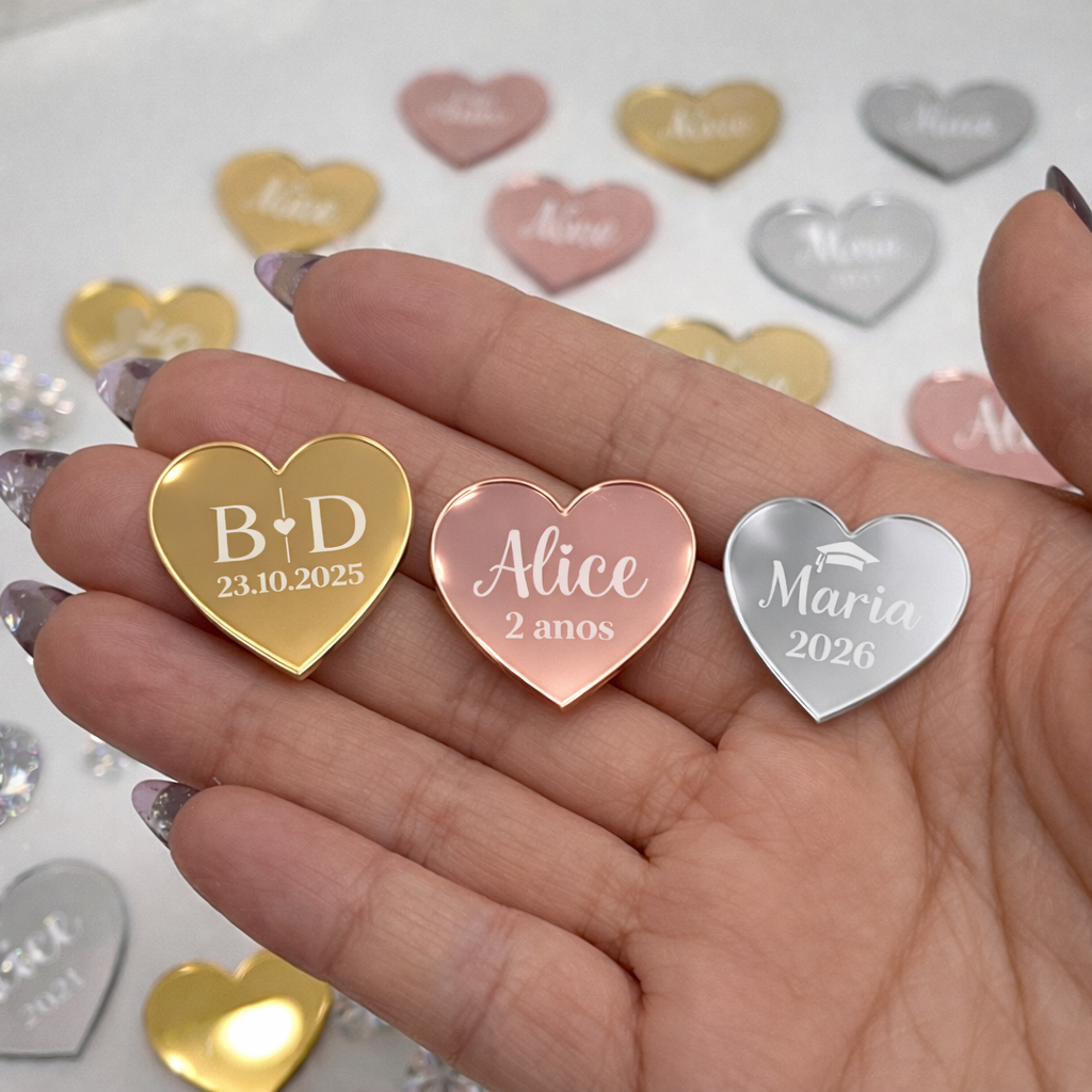 Tag Em Acrílico Formato de Coração Com Nome Logo Arte Personalizada 2cm Etiqueta Decorativa