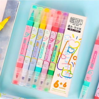 Kit 6 Marca Texto Ponta Dupla 12 Cores Artigos De Papelaria Fofa Divertida Kawaii Escolar em Oferta na Shopee