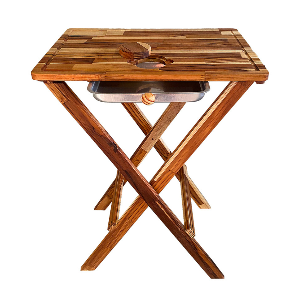 Tábua de Carne Mesa de Churrasco Dobrável com Gaveta Pés Reforçados Madeira Teca Corte Profissional