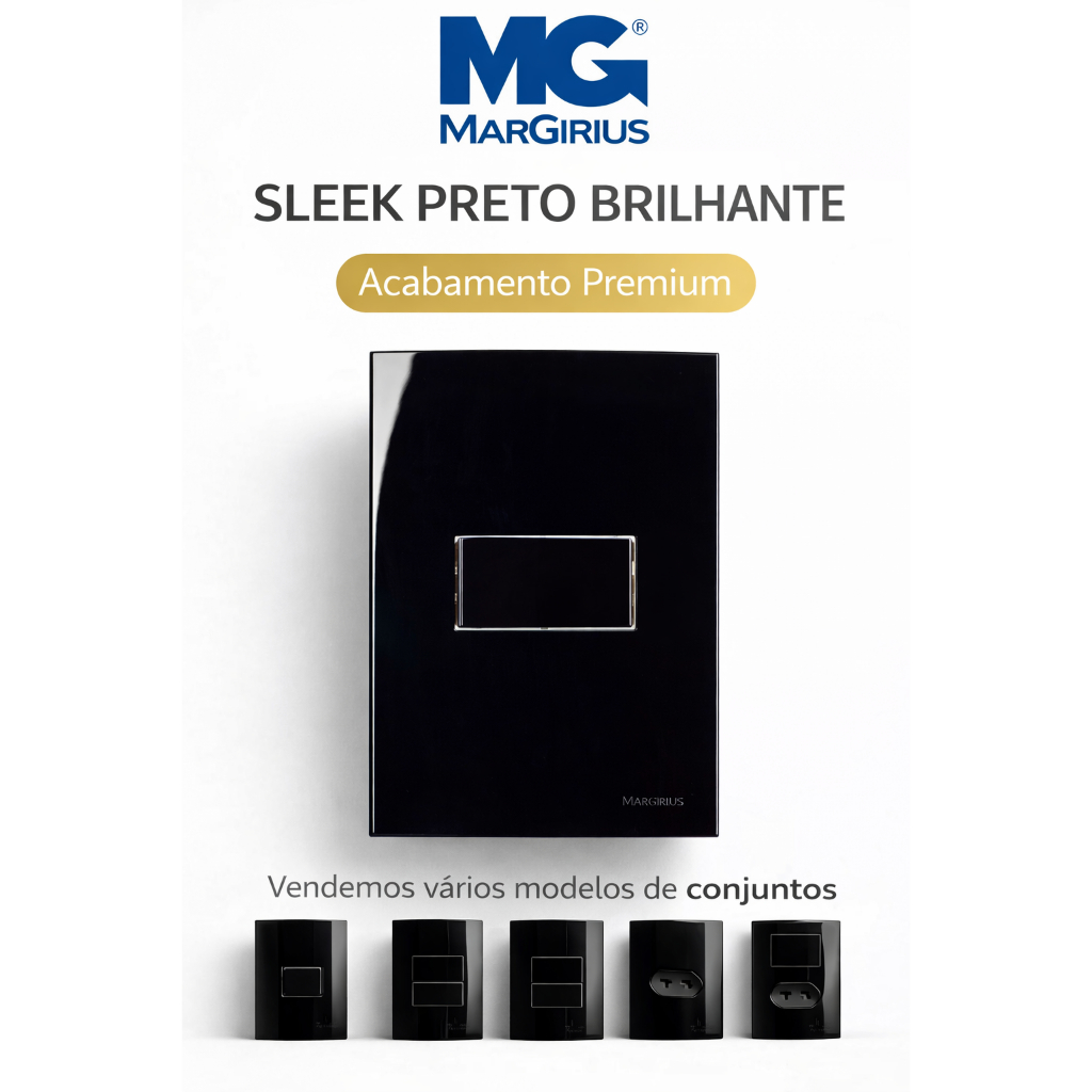 Conjunto Tomada e Interruptor Margirius Sleek Preto Brilhante | Placa 4x2 Padrão Brasileiro