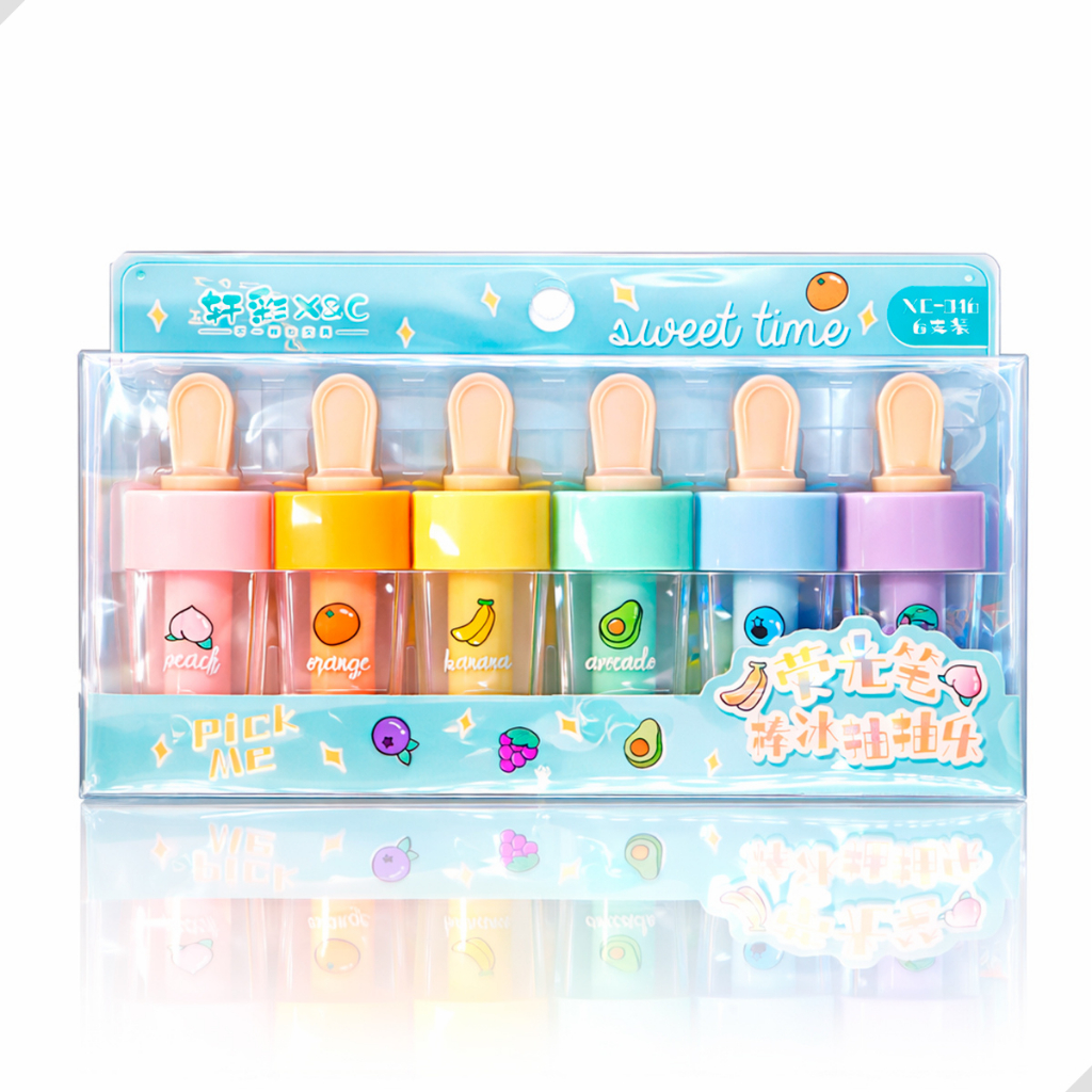 Kit 6 Mini Marca Texto 6 Cores Pastel Mini Sorvetinho Picolé De Frutinhas Infantil Escolar