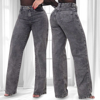 Calça Wide Leg Cargo Jeans Feminina Marmorizada Preta Cintura Alta 100% Algodão Bolso Funcional em Oferta na Shopee