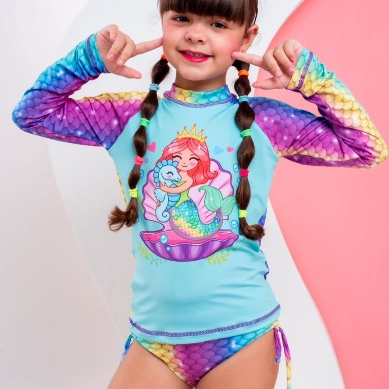 Conjunto Biquíni Infantil- Blusa protetora e calcinha/ moda praia infantil/ Verão/ Camisa com proteção UV +50/ Meninas