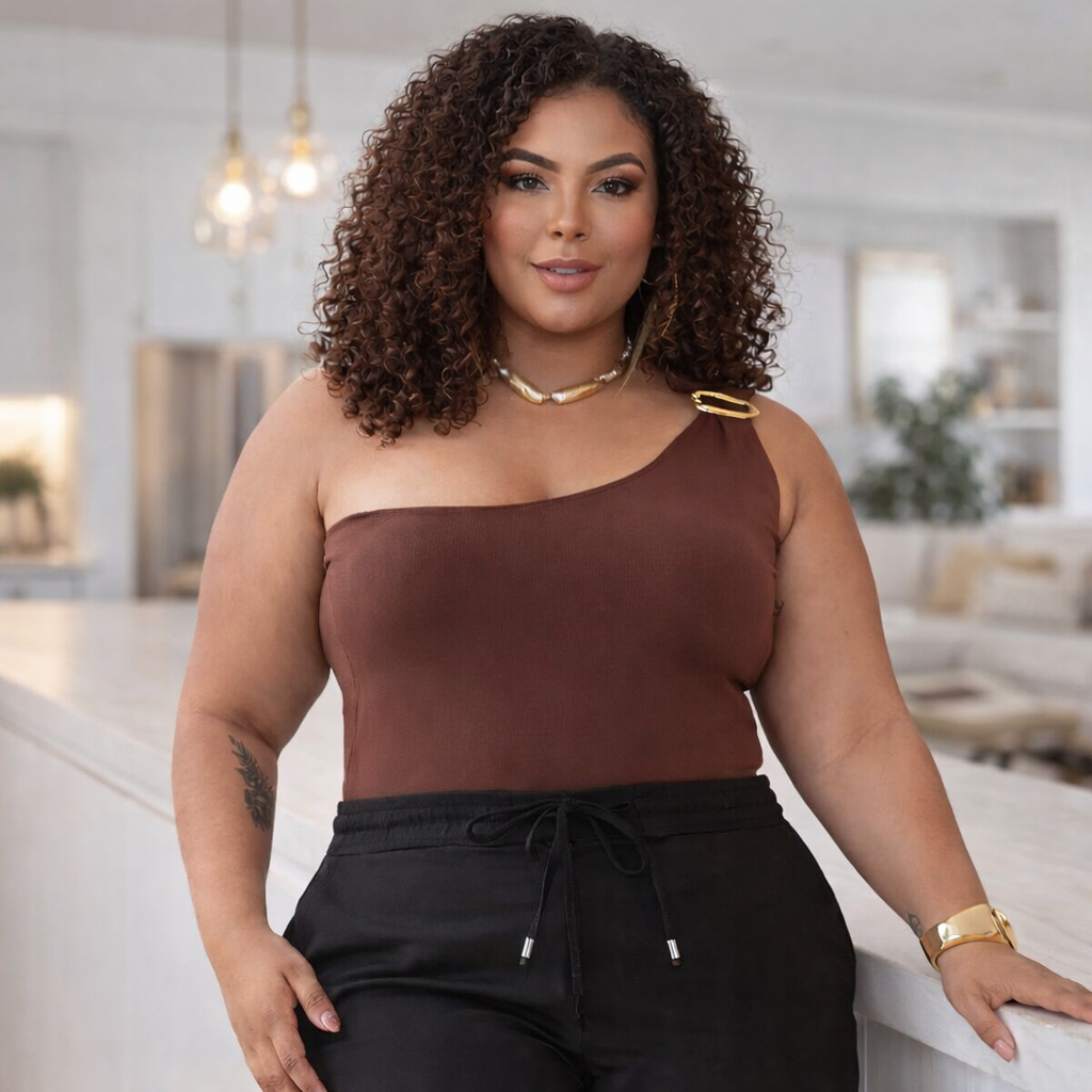 Blusa Feminina Um Ombro Plus Size com Fivela Manga Nula Mula Manca