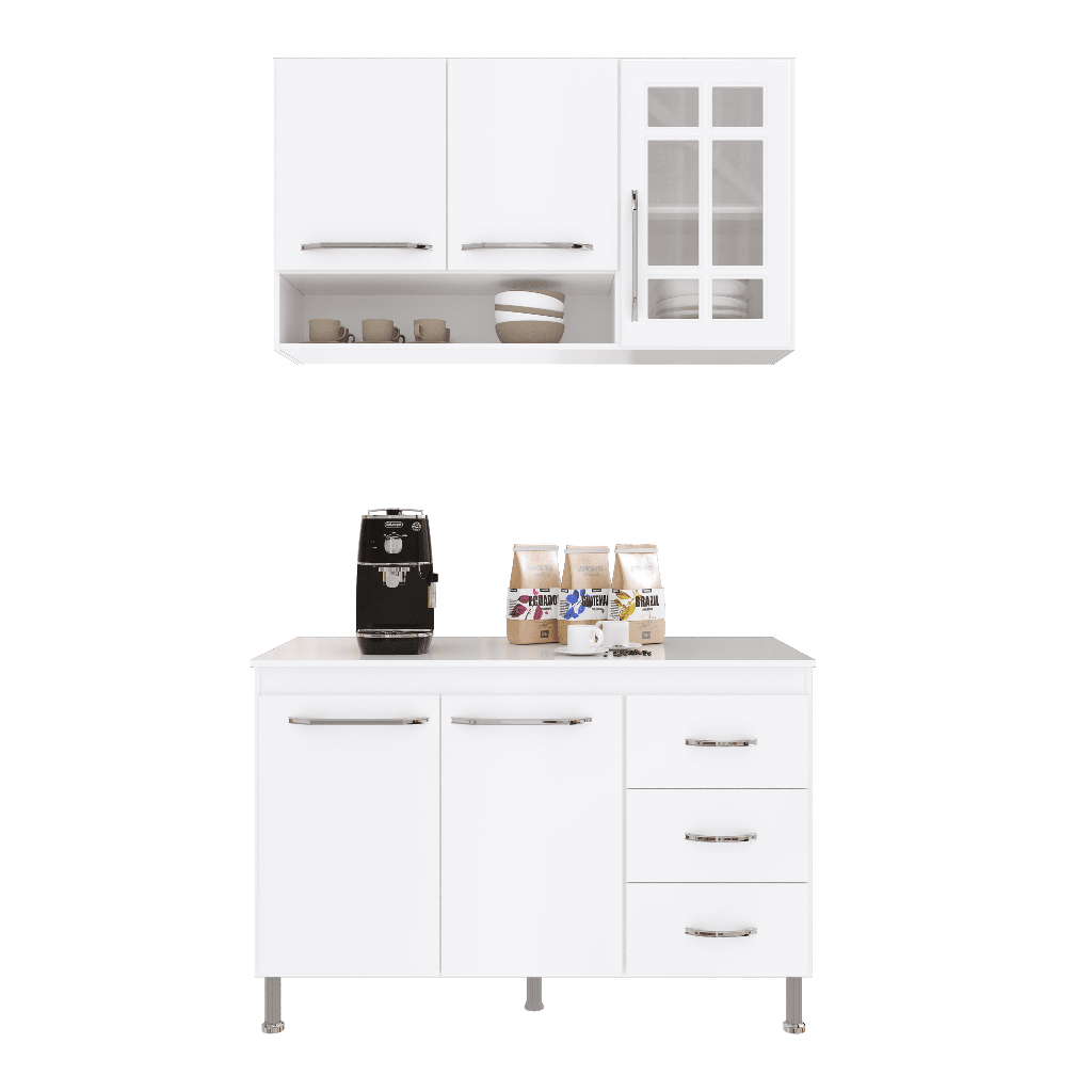 Armário de Cozinha Modulada Compacta Fidelitá Viena 2 Peças 120cm 5 Portas 3 Gavetas Com Tampo Branco