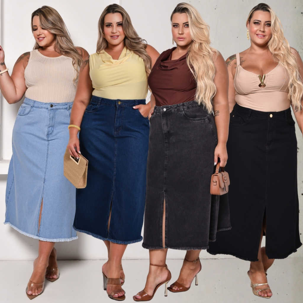 Saia Midi Jeans Evasê Feminina Plus Size Fenda Frontal Cintura Alta Casual Elegante Barra Desfiada em Oferta na Shopee