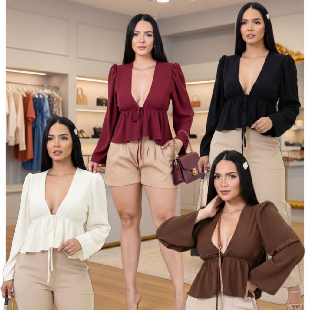 Blusa Bata Monaco Manga Longa Decote V Feminina de Amarra na Frente em Oferta na Shopee