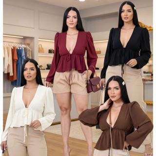 Blusa Bata Monaco Manga Longa Decote V Feminina de Amarra na Frente em Oferta na Shopee