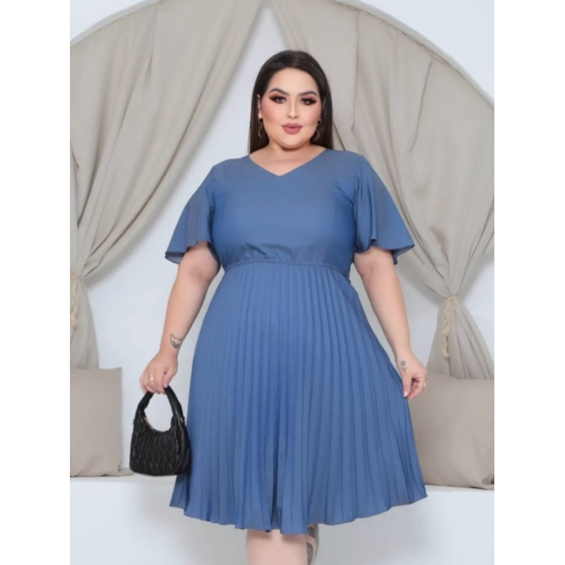 Vestido feminino Plissado, Vestido gola V, elegante, vestido manga curta Vestido plus size G1, com elástico nas costa.