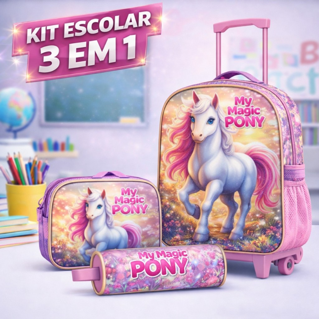 Mochila Infantil Escolar Ponei Menina De Rodinhas Com 3 Peças Lancheira Térmica E Estojo Grande