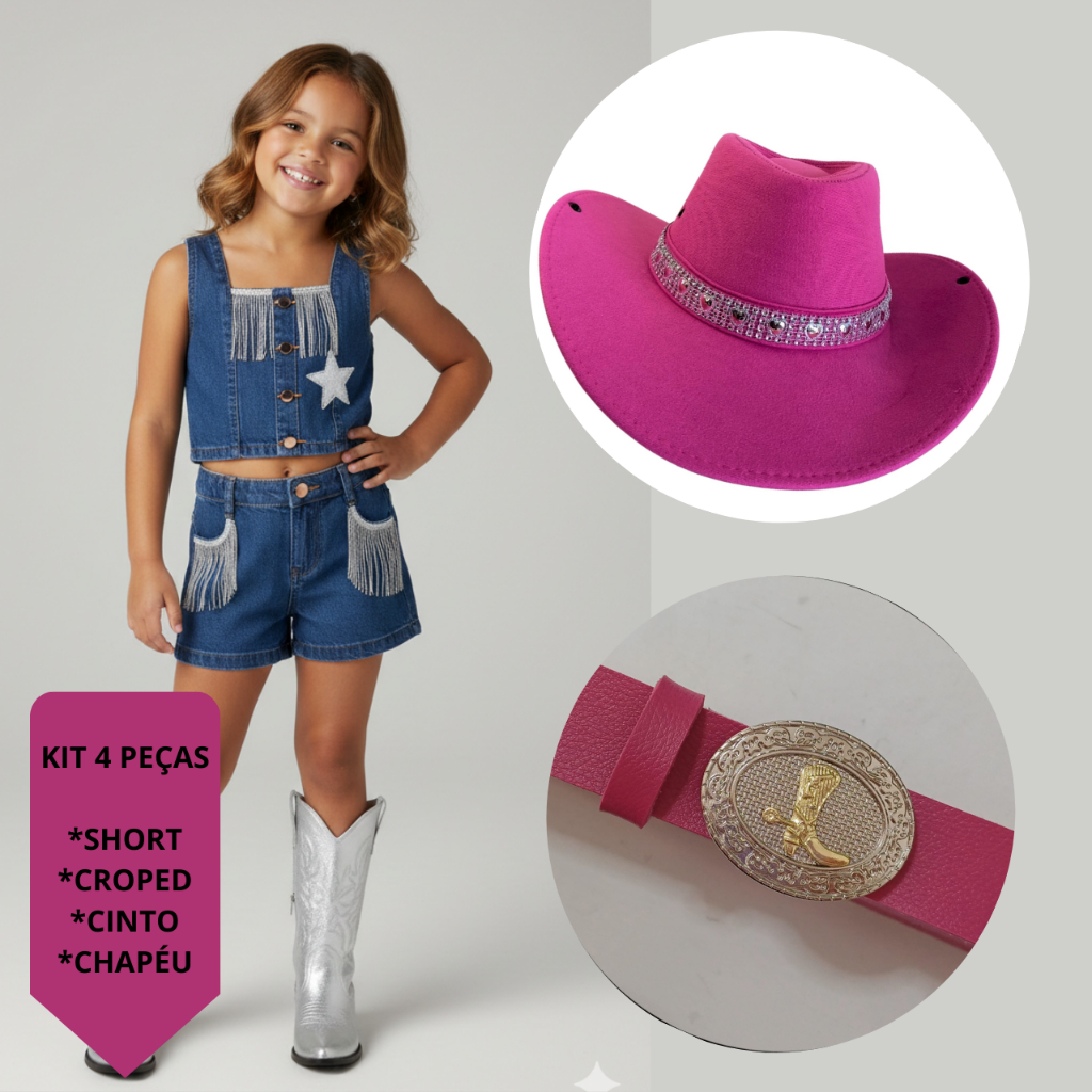 Kit Country Luxo Infantil Menina Cropped Short Franjas Cowboy Boiadeira Com Chapéu Cinto em Oferta na Shopee