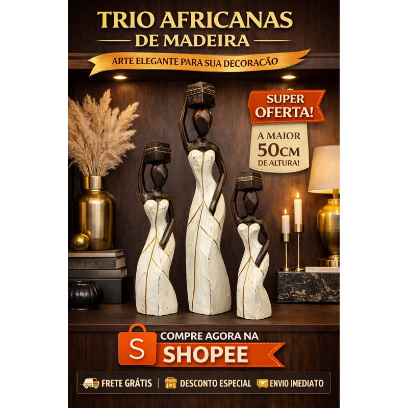 Kit 3 Esculturas Decorativas Africanas - 50 CM Madeira – Decoração de Mesa - Decoração para casa - Decoração Zen