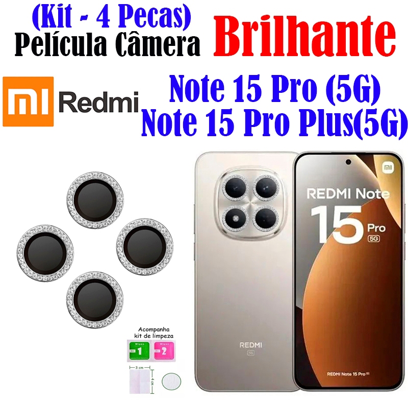 Kit (4*Pecass) Película Câmera Brilhante Note 15 Pro(5G/4G)/Note 15 Pro Plus(5G) XiaoMi Protetor Lente Strass Colorido