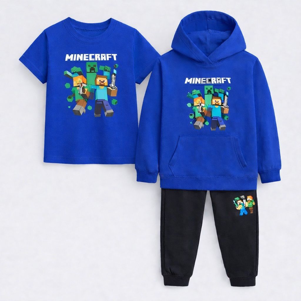 Kit 3 Peças Conjunto Moletom Infantil Moletom Canguru Com Gorro Calça Moletom Camiseta Algodão Estampada Personagem