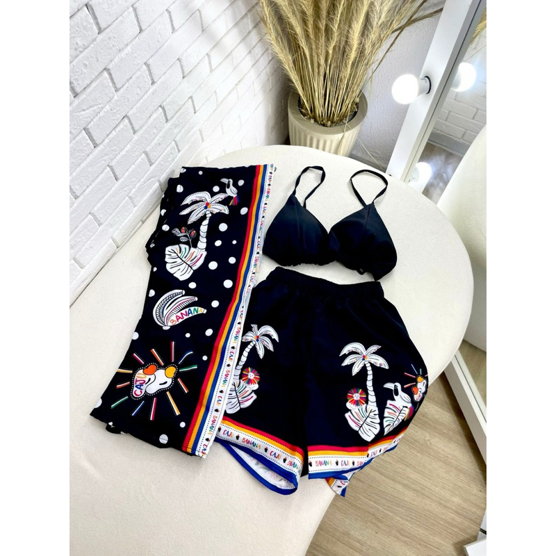 Conjunto kimono short e top 3 peças estampas variadas quimono estampado floral azul rosa preto
