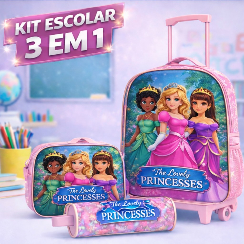 Mochila Infantil Escolar De Rodinhas Menina Princesa 3 Peças Com Estojo E Lancheira Termica Grande Tecido Reforçado.