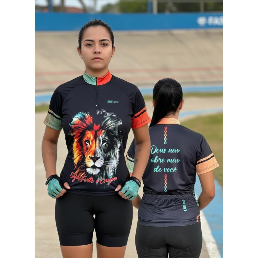 Camisa Camiseta Feminina Ciclismo Manga Curta Roupa Pedalar Bike Estampa MTB Be Fast Zíper Parcial