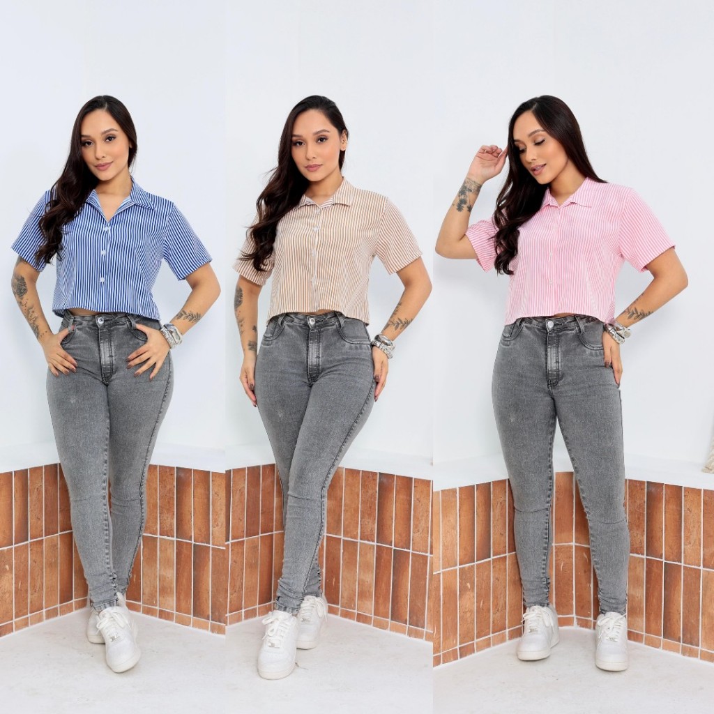 CAMISA FEMININO LISTRAD0 MANGA CURTA ELEGANTE 14