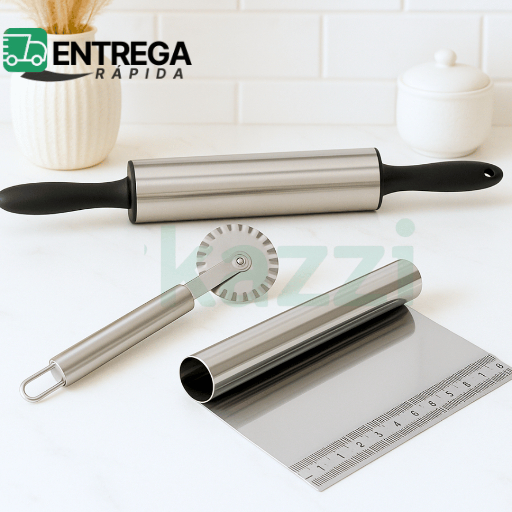 Kit 3, 2 ou 1 Peça Rolo de Massa Espátula Raspadora com Régua Carretilha Cortador de Massa de Pastel Inox