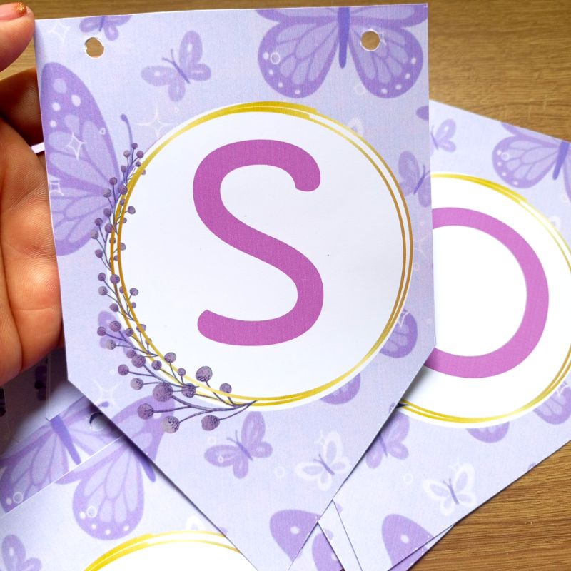 Bandeirola  Personalizada Borboletas Lilás,Jardim Encantado, Mesversário/Aniversário Varal, Painel.