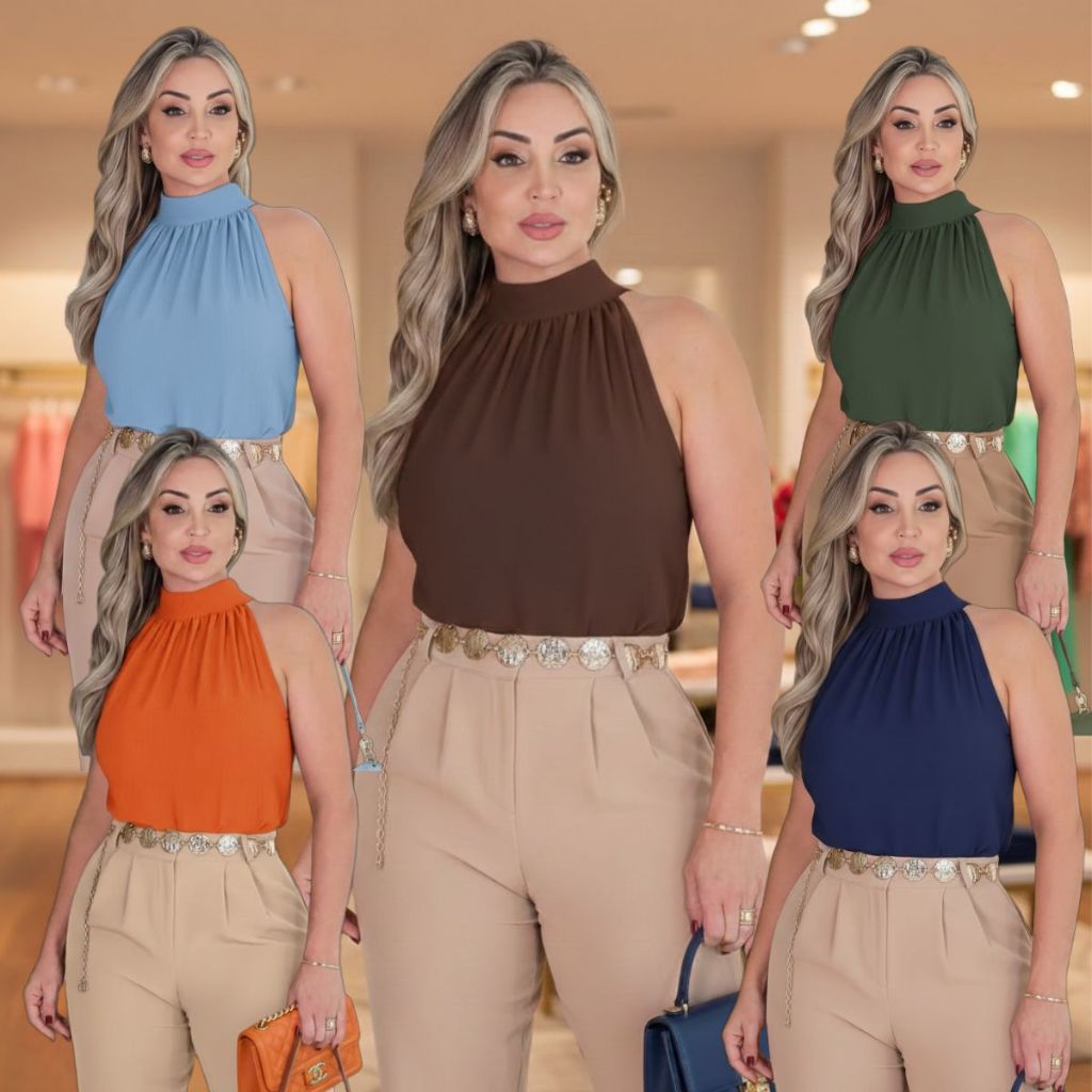 Regata Elegante Blusa Gola Alta Franzido Duna em Oferta na Shopee